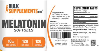 Photo of the BulkSupplements.com Melatonin Softgels 10 mg label