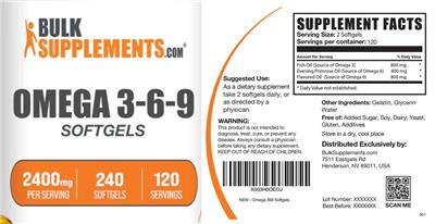 Photo of the BulkSupplements.com Omega 3-6-9 Softgels 2400 mg label