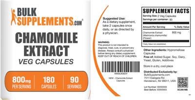 Photo of the BulkSupplements.com Chamomile Extract 800 mg Veg Capsules label