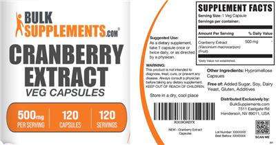 Photo of the BulkSupplements.com Cranberry Extract 500 mg Veg Capsules label
