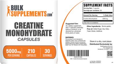 Photo of the BulkSupplements.com Creatine Monohydrate 5000 mg Capsules label