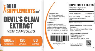 Photo of the BulkSupplements.com Devil's Claw Extract 1000 mg Veg Capsules label