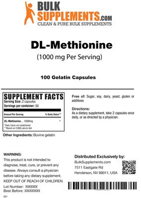 Photo of the BulkSupplements.com DL-Methionine 1000 mg label