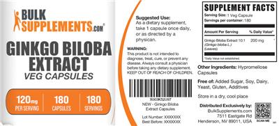 Photo of the BulkSupplements.com Ginkgo biloba Extract 120 mg Veg Capsules label