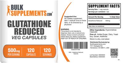 Photo of the BulkSupplements.com Glutathione Reduced 500 mg Veg Capsules label