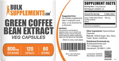 Photo of the BulkSupplements.com Green Coffee Bean Extract 800 mg Veg Capsules label
