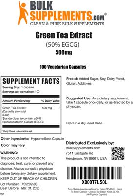 Photo of the BulkSupplements.com Green Tea Extract (50% EGCG) 500 mg label