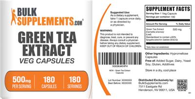 Product label for Green Tea Extract 500 mg Veg Capsules