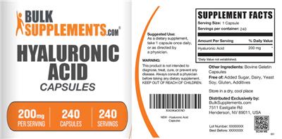 Photo of the BulkSupplements.com Hyaluronic Acid 200 mg Capsules label