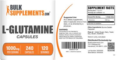 Photo of the BulkSupplements.com L-Glutamine 1000 mg Capsules label