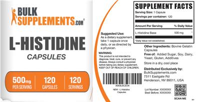 Photo of the BulkSupplements.com L-Histidine 500 mg Capsules label