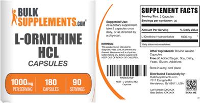 Photo of the BulkSupplements.com L-Ornithine HCl 1000 mg Capsules label