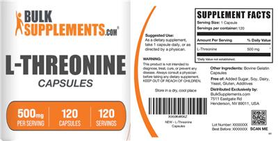 Photo of the BulkSupplements.com L-Threonine 500 mg Capsules label