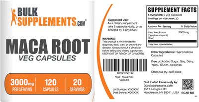 Photo of the BulkSupplements.com Maca Root 3000 mg Veg Capsules label