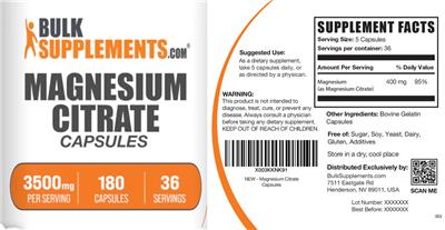 Photo of the BulkSupplements.com Magnesium Citrate 3500 mg Capsules label