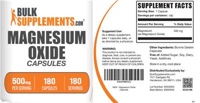Photo of the BulkSupplements.com Magnesium Oxide 500 mg Capsules label