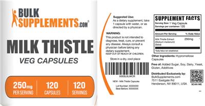 Photo of the BulkSupplements.com Milk Thistle 250 mg Veg Capsules label