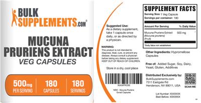 Photo of the BulkSupplements.com Mucuna pruriens Extract 500 mg Veg Capsules label