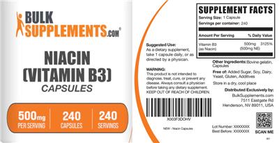Photo of the BulkSupplements.com Niacin (Vitamin B3) 500 mg Capsules label