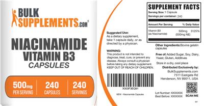 Photo of the BulkSupplements.com Niacinamide Vitamin B3 500 mg Capsules label