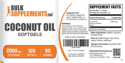 Photo of the BulkSupplements.com Coconut Oil 2000 mg Softgels label