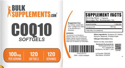 Photo of the BulkSupplements.com CoQ10 100 mg Softgels label