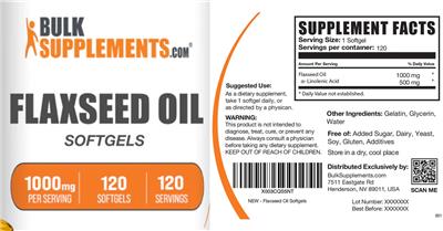 Photo of the BulkSupplements.com Flaxseed Oil 1000 mg Softgels label