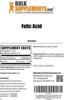 Photo of the BulkSupplements.com Folic Acid 1000 mcg label