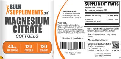 Photo of the BulkSupplements.com Magnesium Citrate 40 mg Softgels label