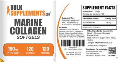 Photo of the BulkSupplements.com Marine Collagen 150 mg Softgels label
