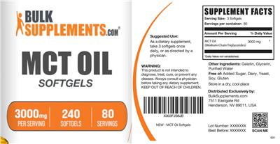 Photo of the BulkSupplements.com MCT Oil 3000 mg Softgels label