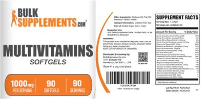 Photo of the BulkSupplements.com Multivitamins 1000 mg Softgels label