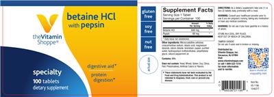 Photo of the The Vitamin Shoppe Betaine HCl with Pepsin label