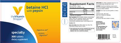Photo of the The Vitamin Shoppe betaine HCl with pepsin label