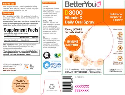 Photo of the BetterYou D3000 Vitamin D Daily Oral Spray 75 mcg (3000 IU) label