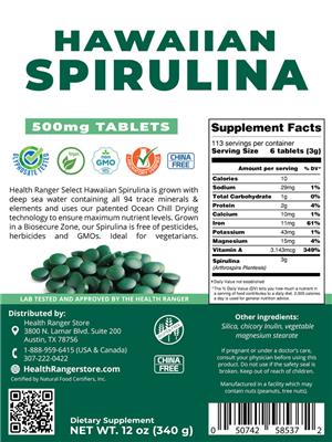 Photo of the Health Ranger Select Hawaiian Spirulina 500 mg Tablets label
