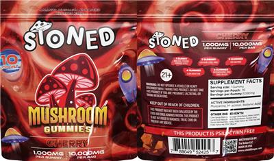 Photo of the Stoned Mushroom Gummies Cherry label