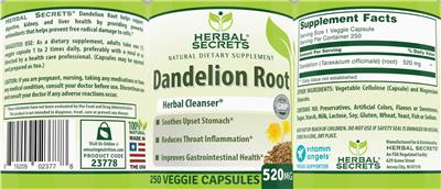Photo of the Herbal Secrets Dandelion Root 520 mg label