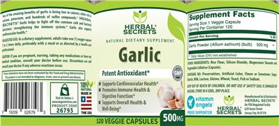 Photo of the Herbal Secrets Garlic 500 mg label