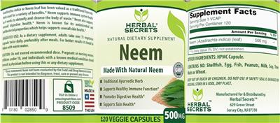 Photo of the Herbal Secrets Neem 500 mg label
