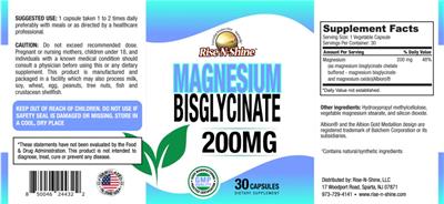 Photo of the Rise-N-Shine Magnesium Bisglycinate 200 mg label