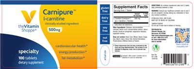 Photo of the The Vitamin Shoppe Carnipure L-Carnitine 500 mg label