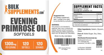 Photo of the BulkSupplements.com Evening Primrose Oil 1300 mg Softgels label