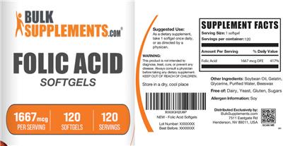 Photo of the BulkSupplements.com Folic Acid Softgels 1667 mcg label