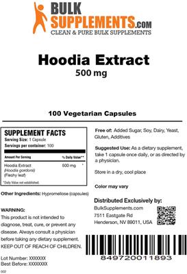 Photo of the BulkSupplements.com Hoodia Extract 500 mg label