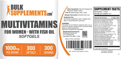 Photo of the BulkSupplements.com Multivitamins For Women - with Fish Oil Softgels 1000 mg label