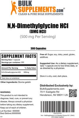 Photo of the BulkSupplements.com N,N-Dimethylglycine HCl (DMG HCl) 500 mg label