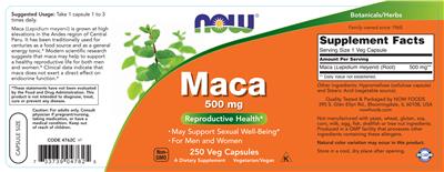 Photo of the NOW Maca 500 mg label