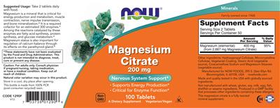 Photo of the NOW Magnesium Citrate 200 mg label