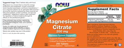Photo of the NOW Magnesium Citrate 200 mg label